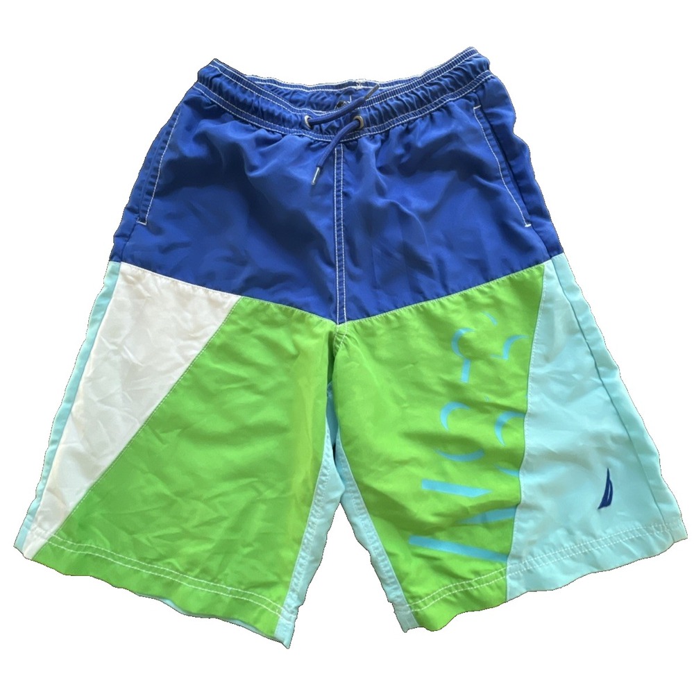 Nautica Boys Large 14 16 Blue Green White Colorblock Swim Shorts Trunk 3 pockets